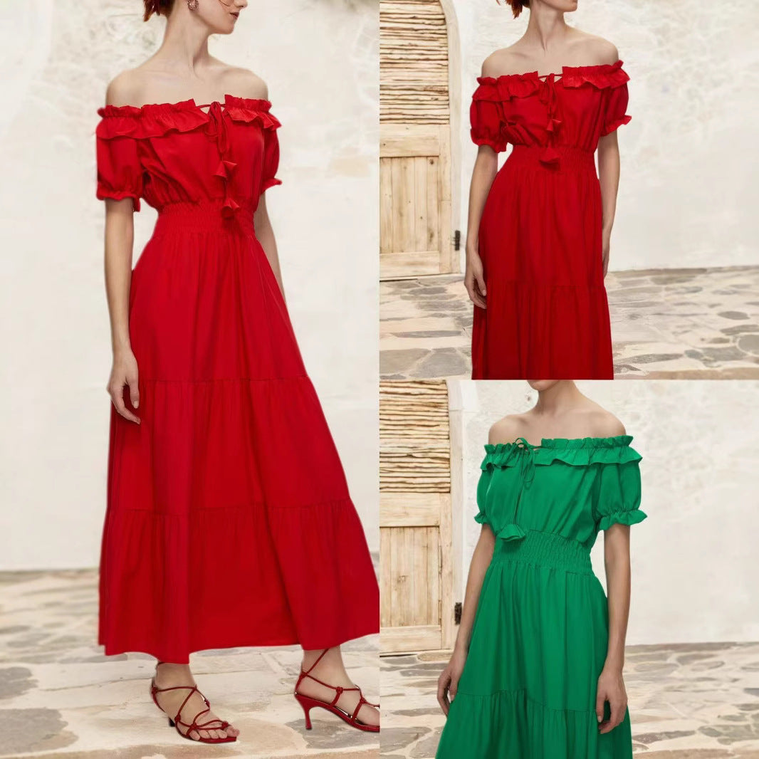 Damen Off-Shoulder Maxikleid mit elastischem Taillenbund und Rüschendetails Drune