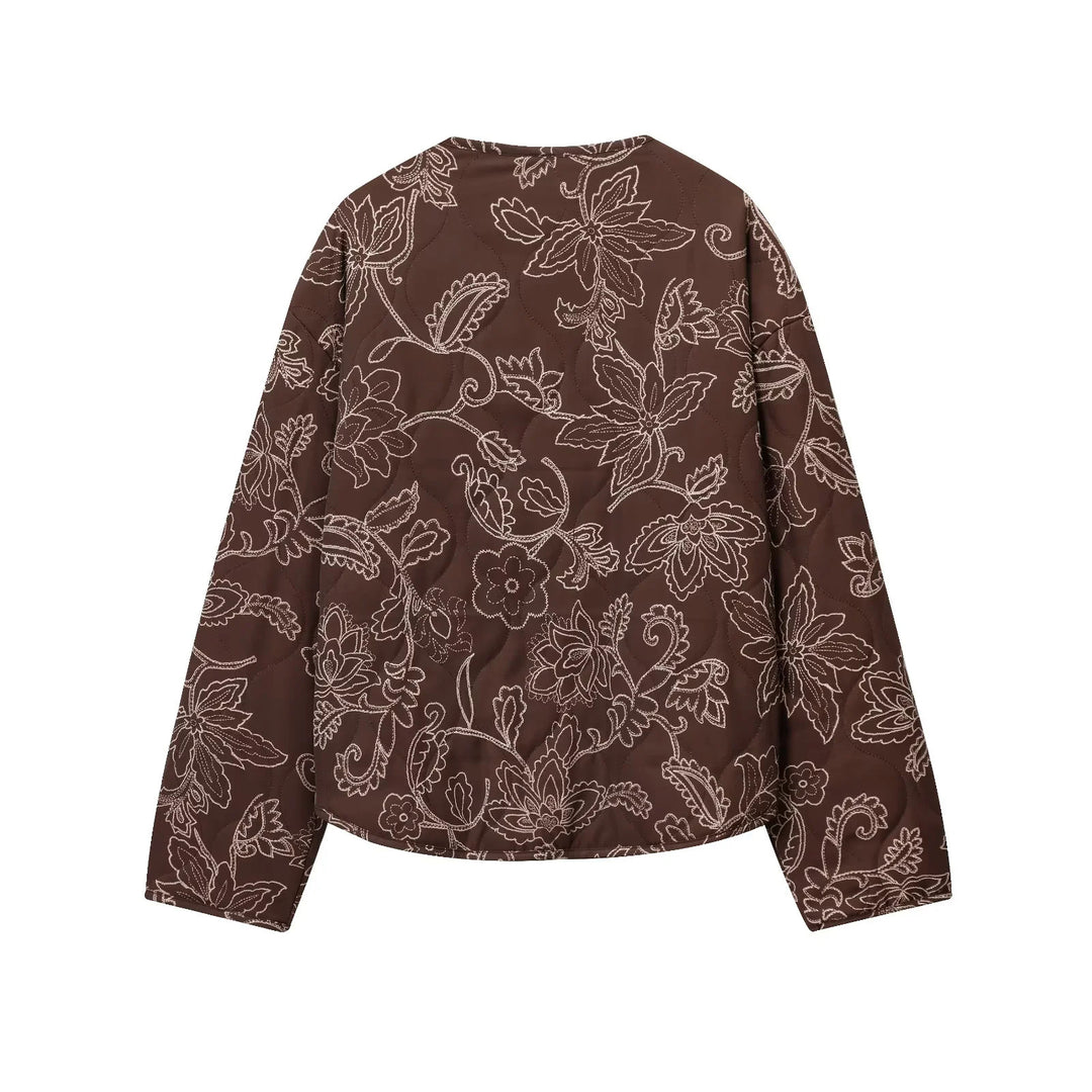 Damen nan gesteppte Kurzjacke mit floralem Steppmuster, Druckknopffront und Taillenzug Drune