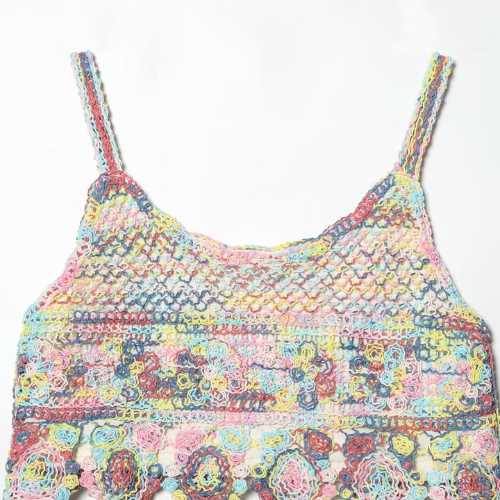 Damen luftiges Spitzen-Croptop mit buntem Häkelmuster Drune
