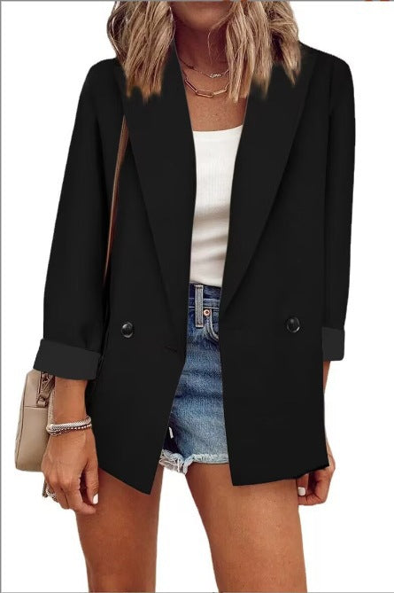 Damen Oversize Longline-Blazer mit 3/4-Ärmeln, Kontrastumschlag und aufgesetzten Taschen Drune