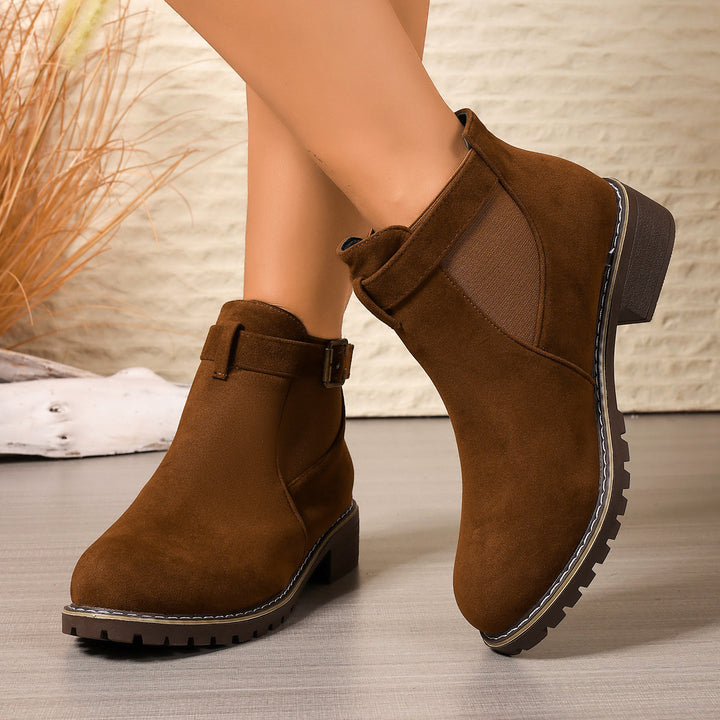 Damen Stiefelette mit Velours-Optik, elastischem Einsatz und Schnallenriemen Drune