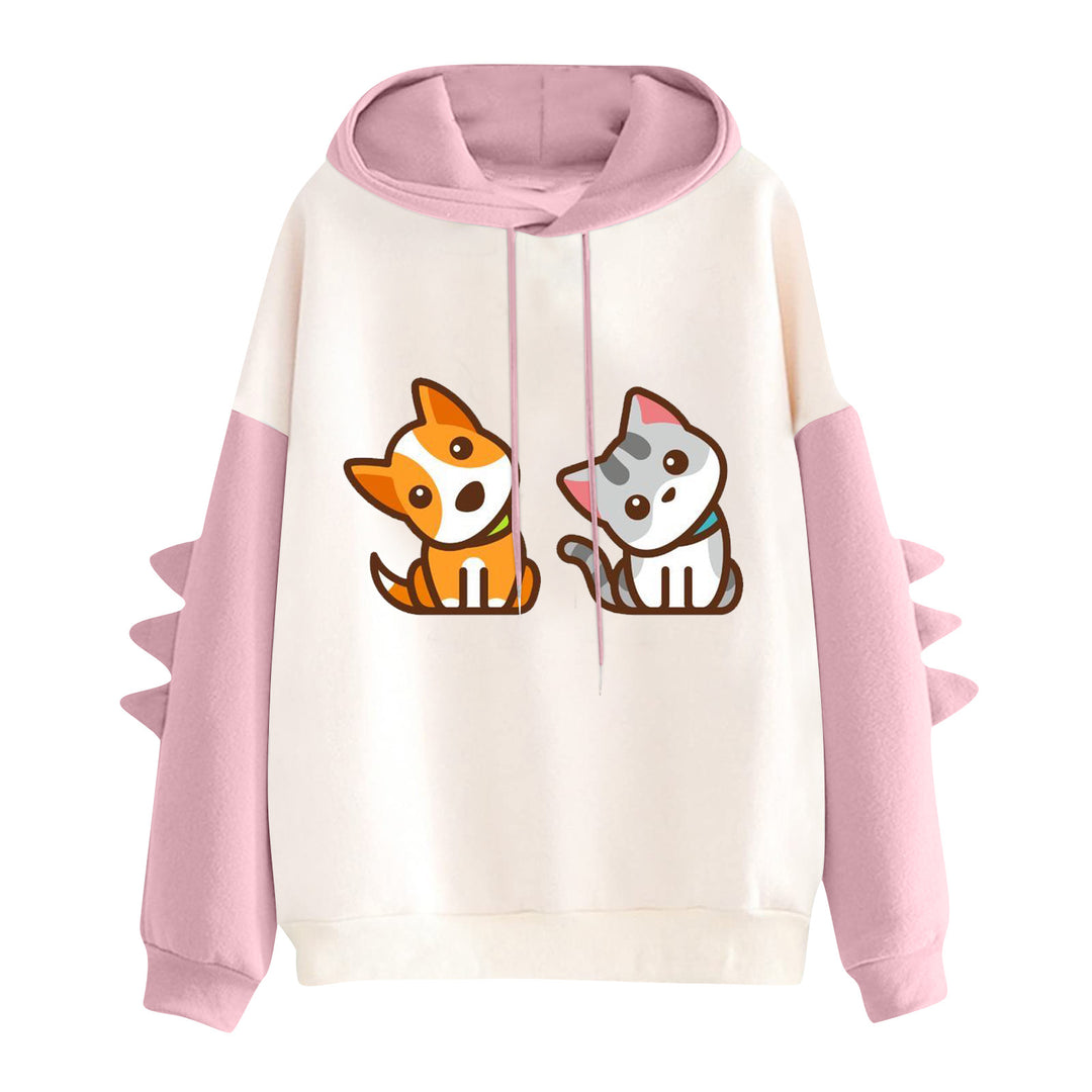 Damen nan Kapuzenpullover mit niedlichem Hunde‑und‑Katzen‑Print und 3D-Stacheln an den Ärmeln Drune
