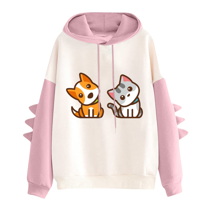Damen nan Kapuzenpullover mit niedlichem Hunde‑und‑Katzen‑Print und 3D-Stacheln an den Ärmeln Drune