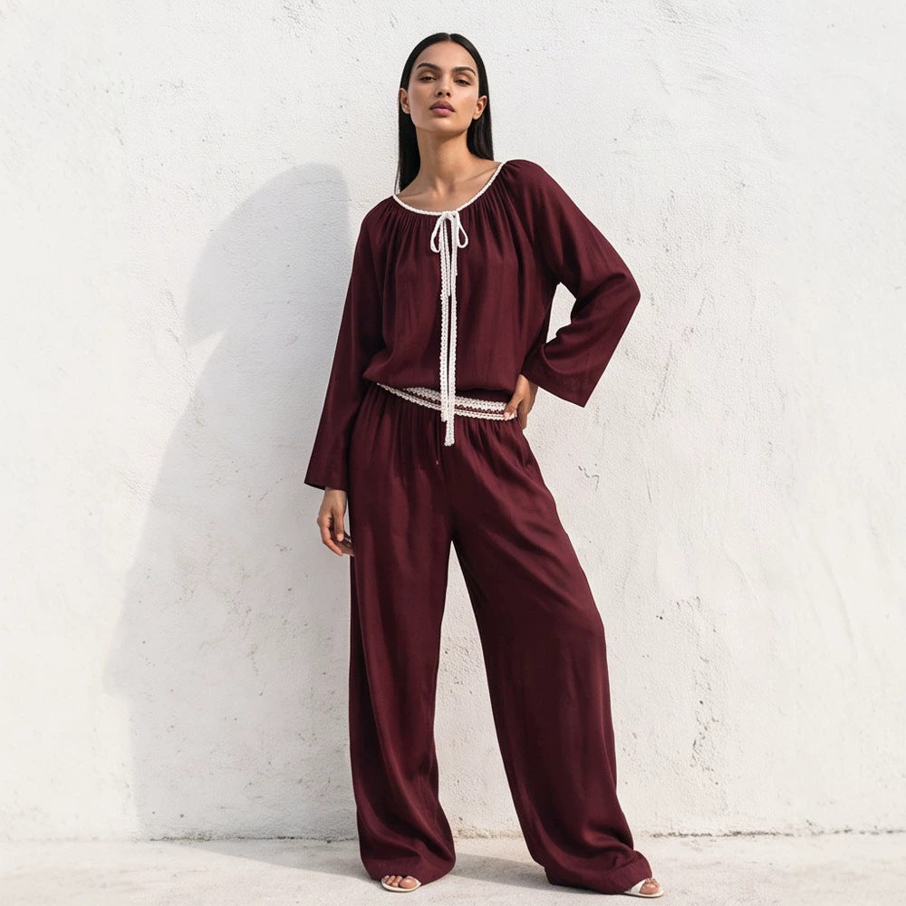 Damen Fließendes zweiteiliges Loungewear-Set aus Seidenoptik mit weiter Palazzohose und geraffter Tunika Drune