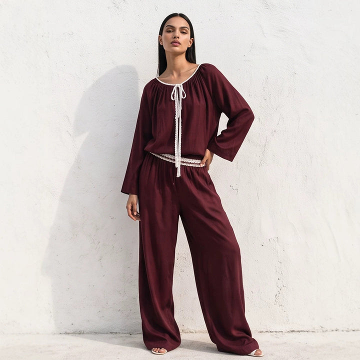 Damen Fließendes zweiteiliges Loungewear-Set aus Seidenoptik mit weiter Palazzohose und geraffter Tunika Drune