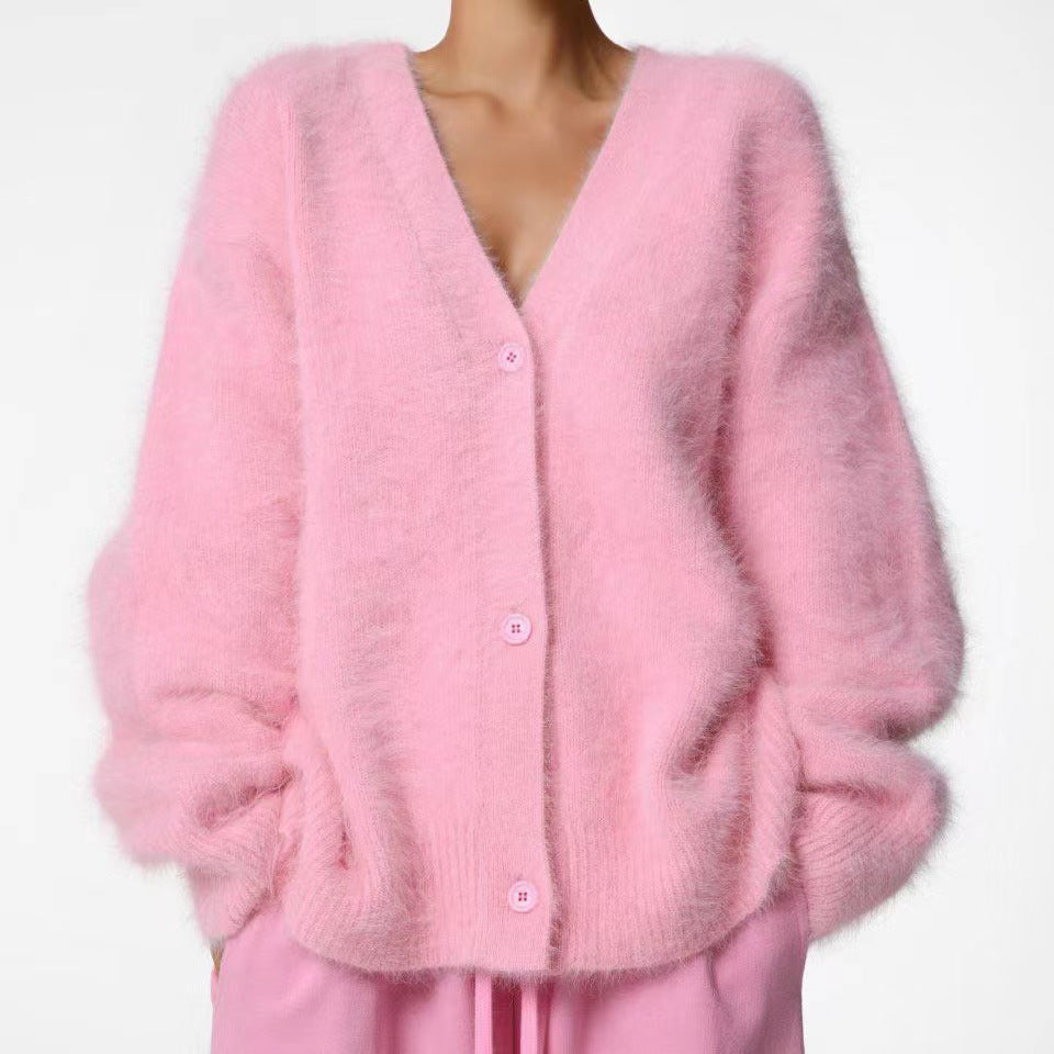 Damen Flauschiger Oversize-Knopfcardigan mit tiefem V-Ausschnitt und Eingrifftaschen Drune