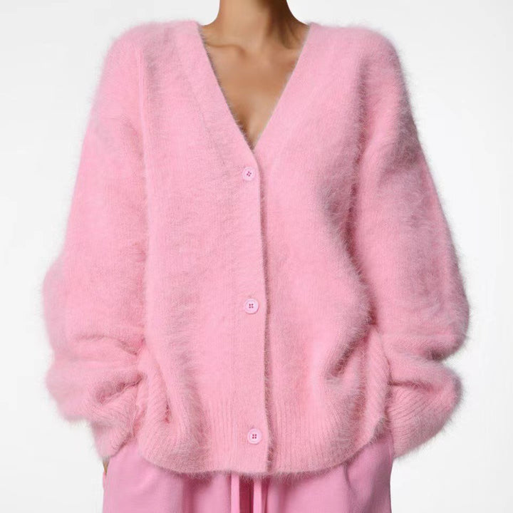 Damen Flauschiger Oversize-Knopfcardigan mit tiefem V-Ausschnitt und Eingrifftaschen Drune
