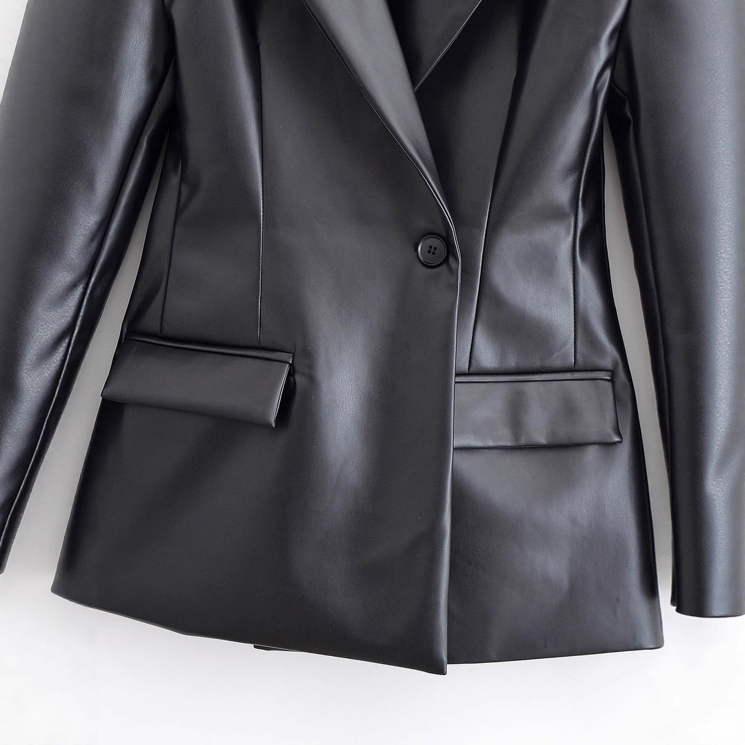 Damen Taillierter Longline-Kunstlederblazer mit Ein-Knopf-Verschluss und Pattentaschen Drune