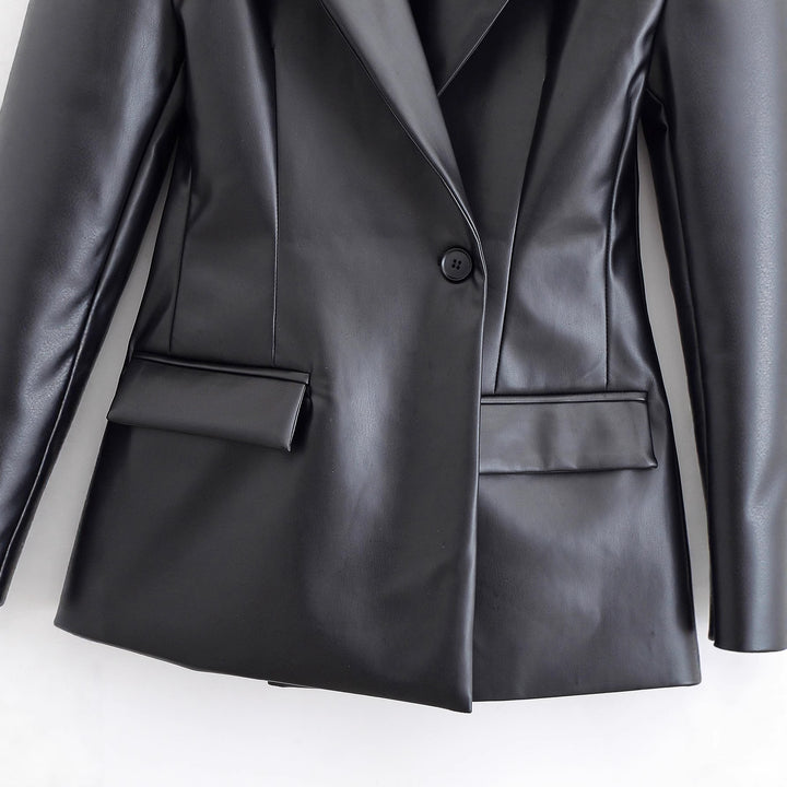 Damen Taillierter Longline-Kunstlederblazer mit Ein-Knopf-Verschluss und Pattentaschen Drune