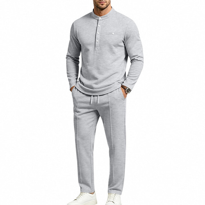Herren Zweiteiliges Freizeitset mit Henley-Langarmshirt, Stehkragen und Komfort-Jogginghose Drune