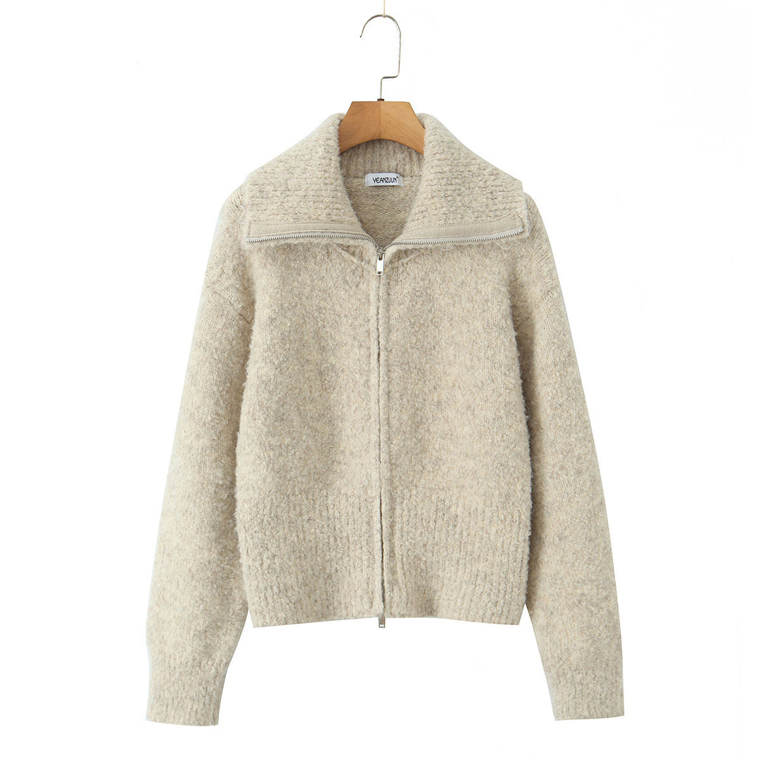 Damen kurze gezippte Strickjacke mit Stehkragen und Rippenbund Drune