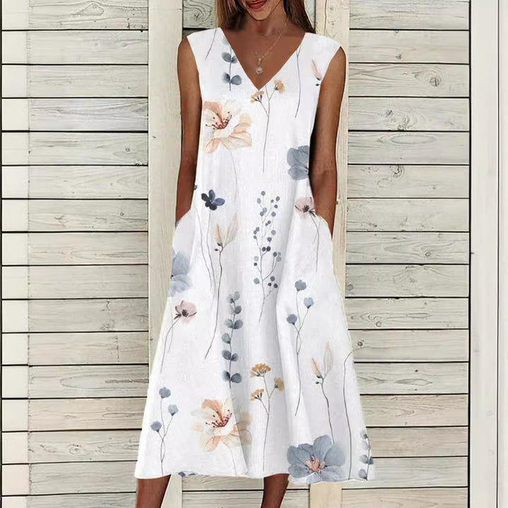 Damen nan Maxikleid mit separatem Bolero, V-Ausschnitt, Eingrifftaschen und floraler A-Linien-Silhouette Drune