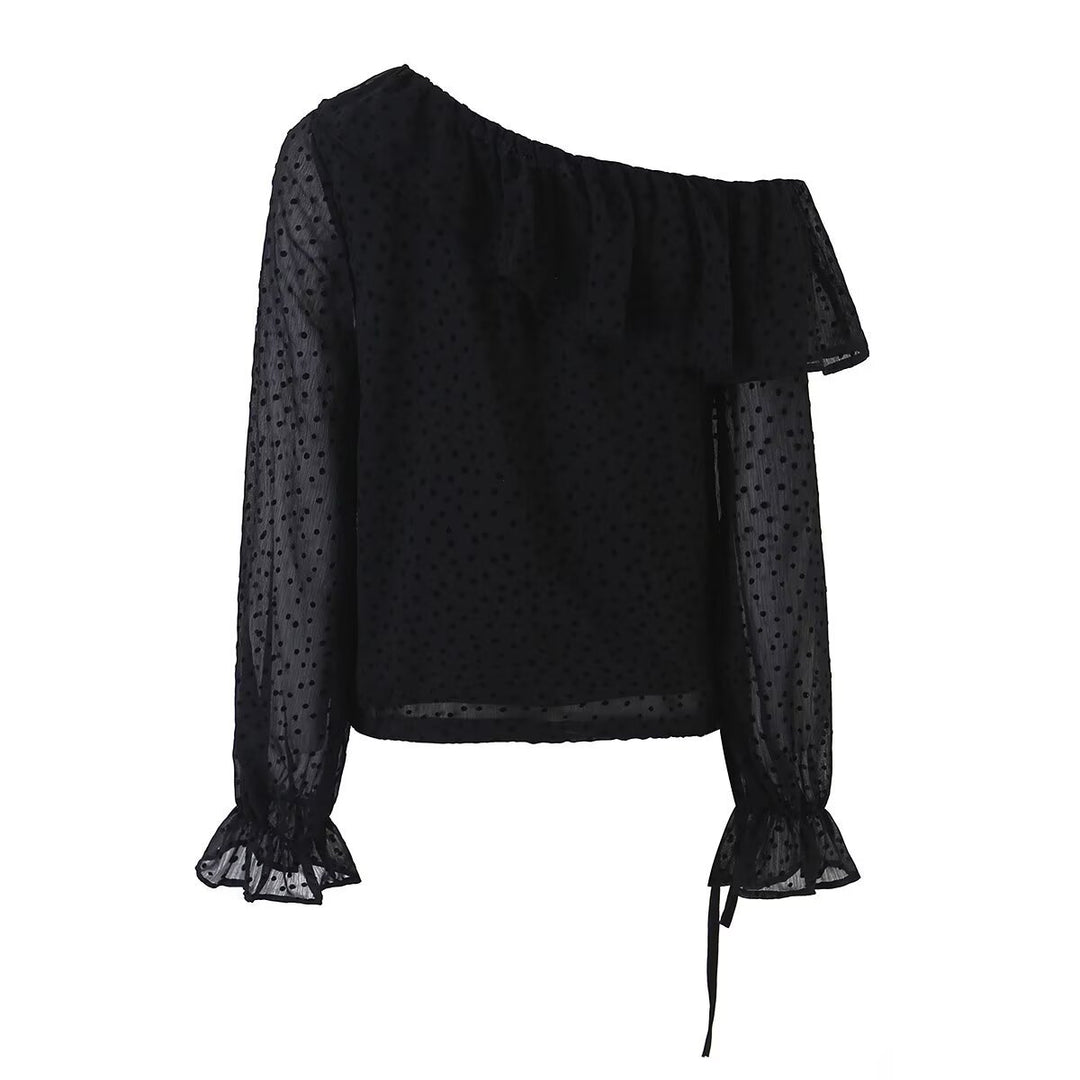 Damen Schulterfreie Chiffonbluse mit Volantkragen und transparenten Puffärmeln Drune