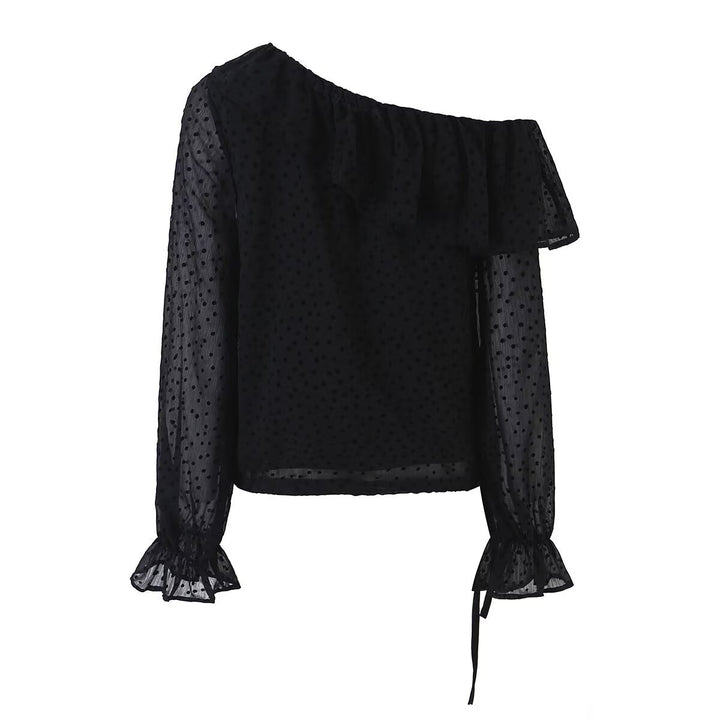 Damen Schulterfreie Chiffonbluse mit Volantkragen und transparenten Puffärmeln Drune