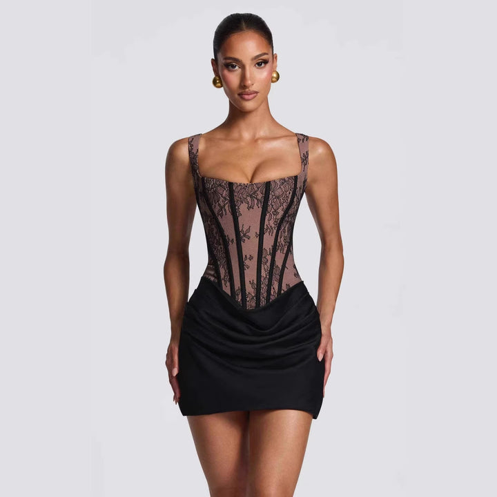 Damen Korsett-Kleid mit luxuriösen Spitzenakzenten und drapiertem Rock Drune