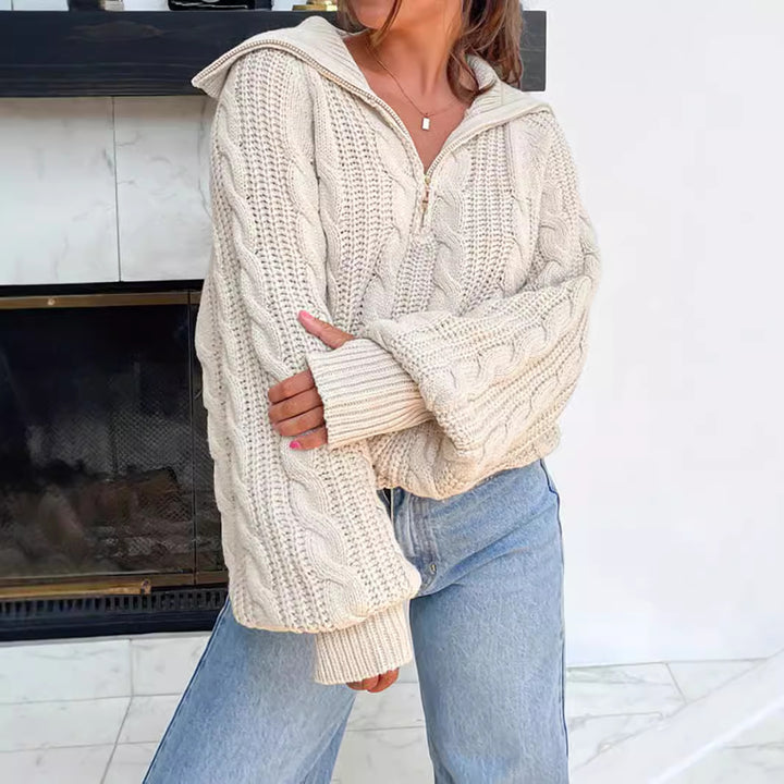 Damen lässiger Strickpullover mit Kapuze und Zipper Drune