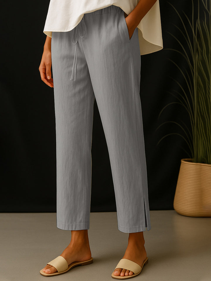 Damen Casual-Chino Leinenoptik Culotte mit elastischem Tunnelzugbund und Eingrifftaschen Drune