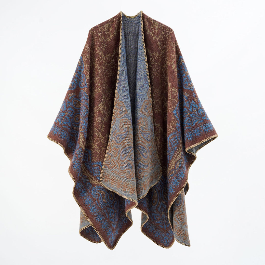 Damen Überwurfponcho im Double-Face‑Jacquard mit Paisley‑Inspiration und Zierstichkante Drune