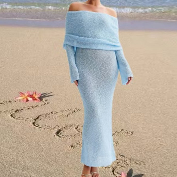 Damen Off-Shoulder Strickkleid mit langen Ärmeln und eleganter Silhouette Drune