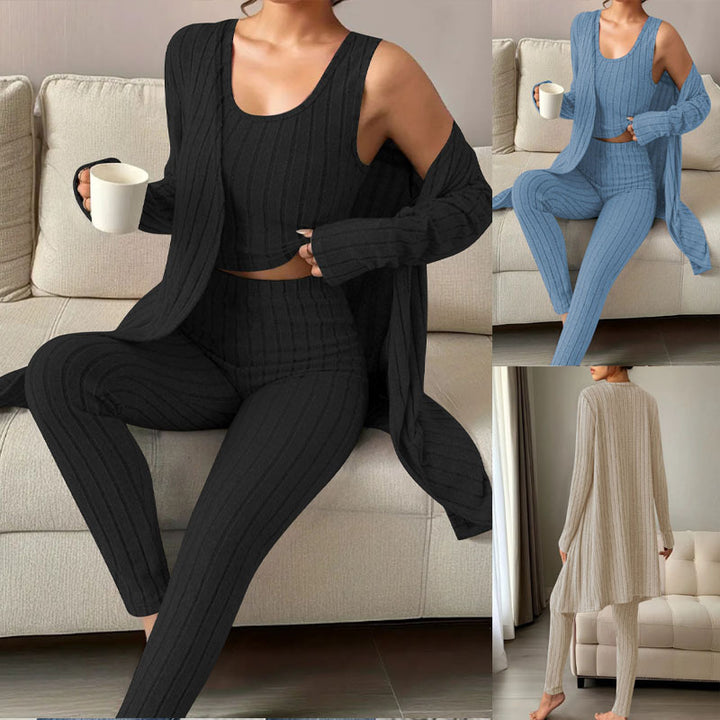 Damen Geripptes Feinstrick-Lounge-Set mit Longcardigan, kurzes Top und hochtaillierten Leggings Drune