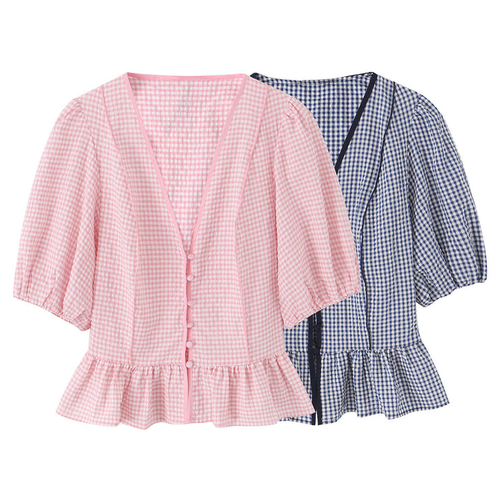Damen Vichy-Karo Bluse mit tiefem V-Ausschnitt, Puffärmeln und Schößchen Drune