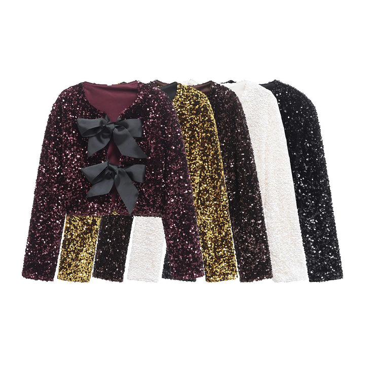 Damen nan Pailletten-Bolerojacke mit doppelschleifen-Verschluss, gefütterter Innenlage und tailliertem Cropped-Schnitt Drune