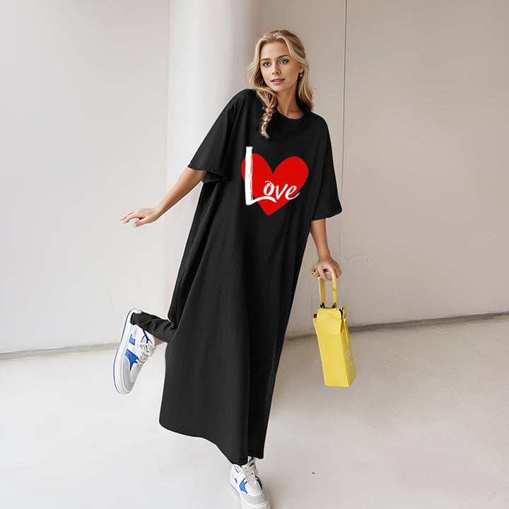 Damen nan locker geschnittenes Maxikleid mit großem Herzgrafikprint und Rundhalsausschnitt Drune