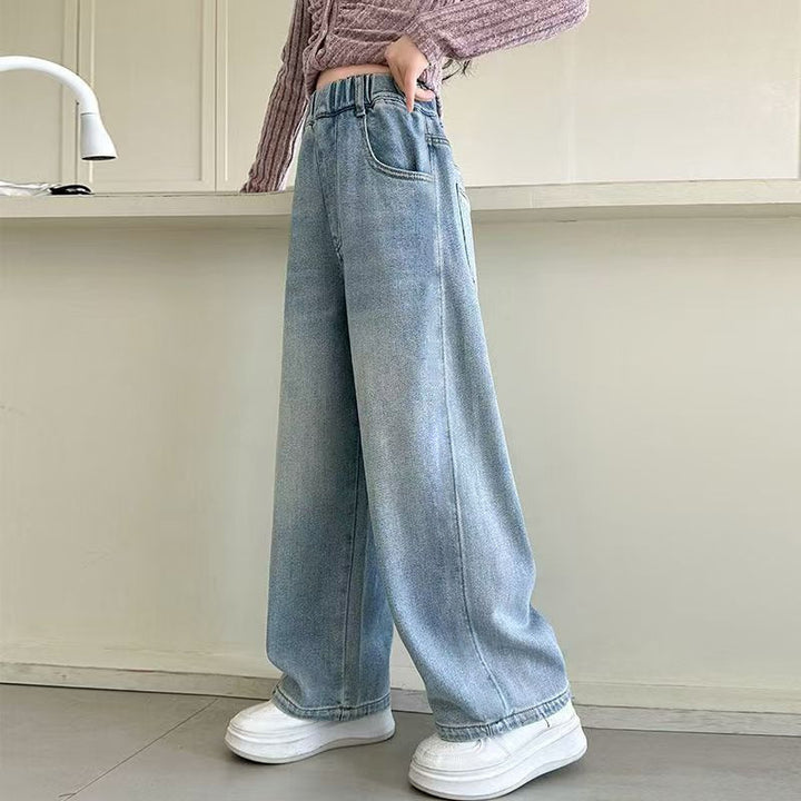 Damen weite High-Waist Jeans mit schmalem Bund Drune