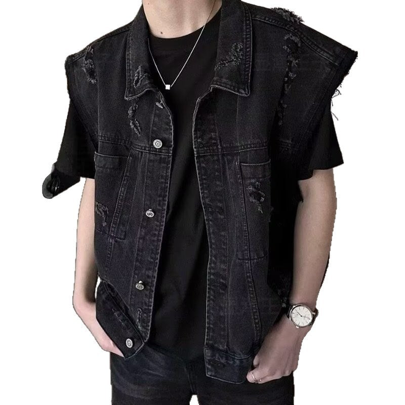 Herren Denim-Weste im Vintage-Used-Look mit Destroyed-Taschen und kastiger Passform Drune