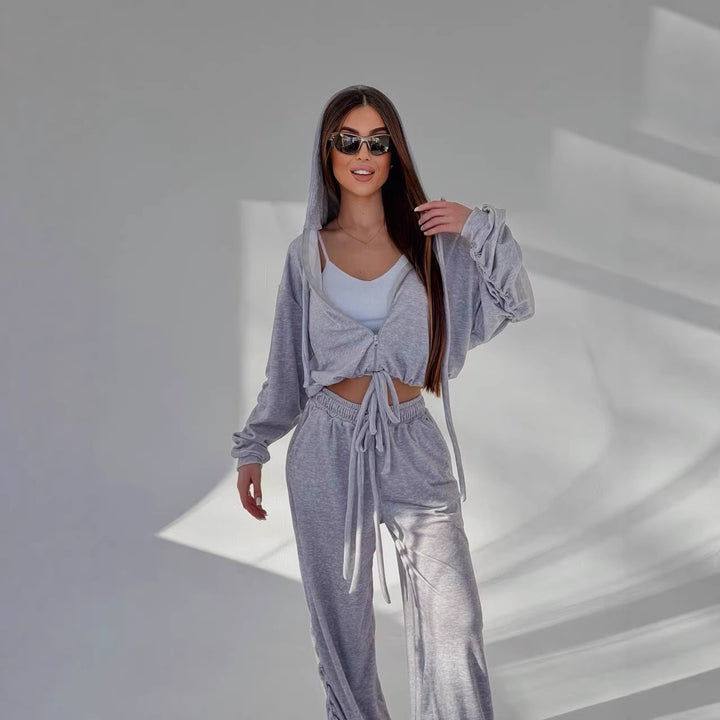 Damen Cropped Kapuzen-Sweatshirt mit Kordelzug am Saum und weite Raffung-Loungehose Drune