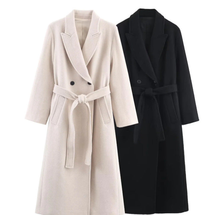 Damen 40+ eleganter knielanger Mantel mit Bindegürtel und doppelreihiger Knopfleiste Drune