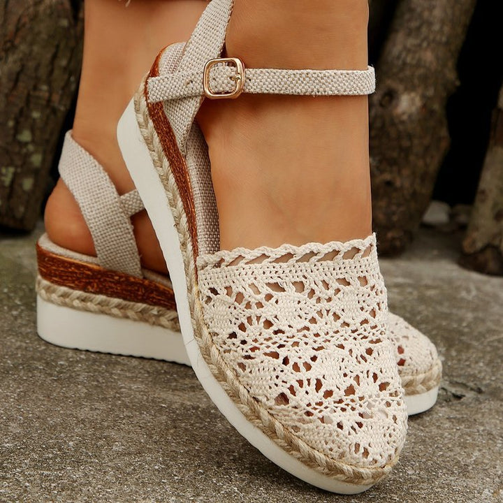 Damen Espadrille-Sandalen mit filigranem Häkel-Design und elastischem Knöchelriemen Drune