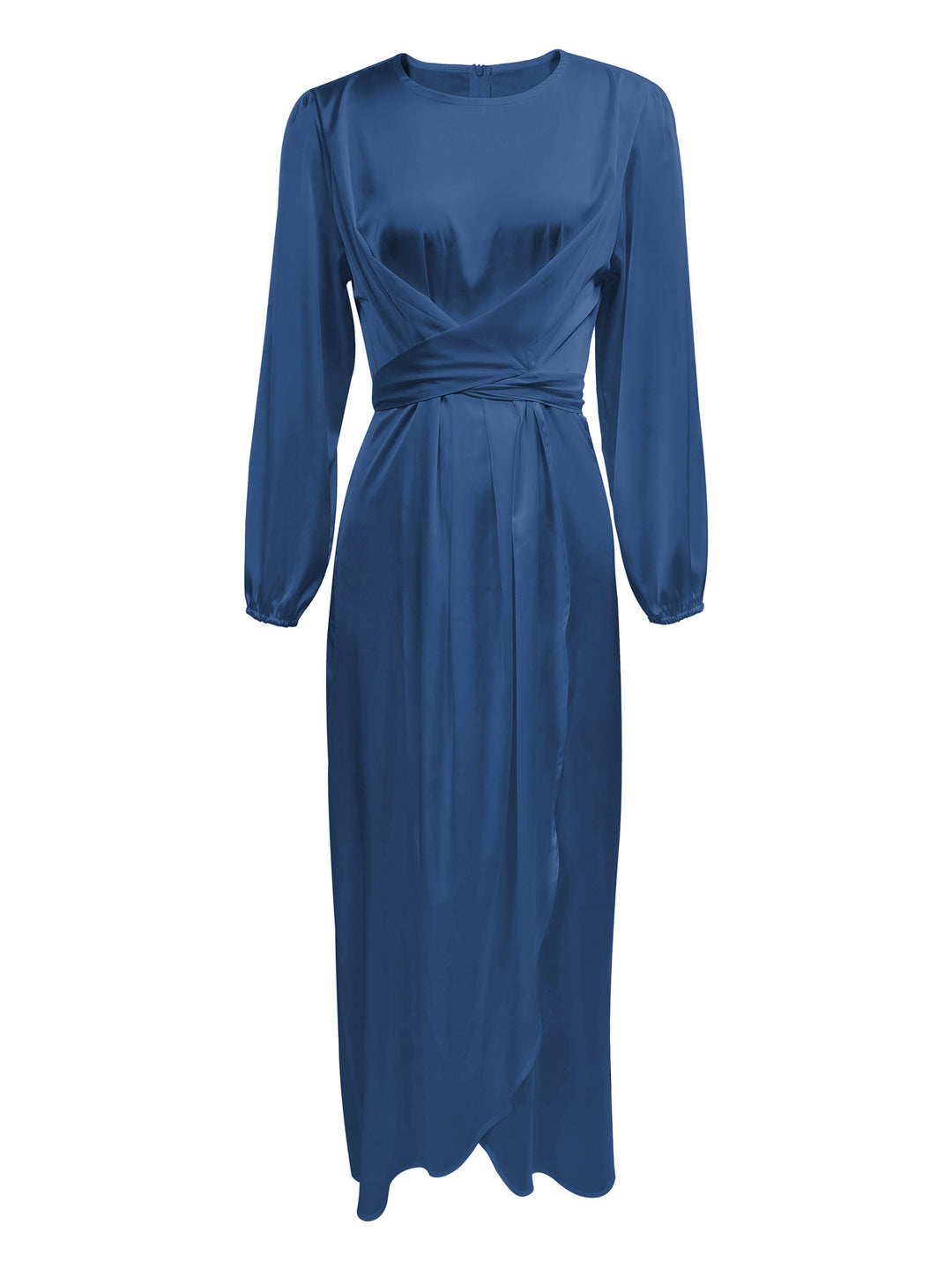 Damen Elegantes Maxikleid aus Satin mit Wickel-Detail, Langarm und Taillenband Drune