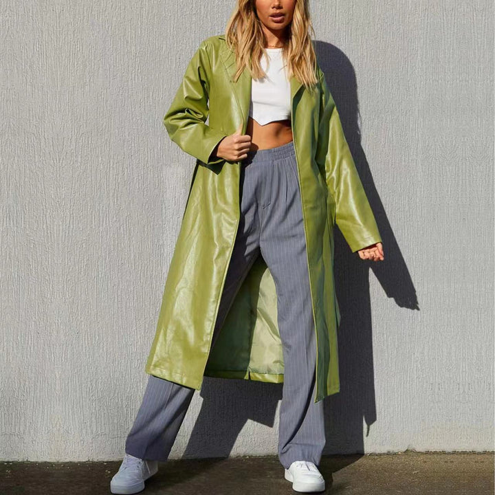 Damen Langer eleganter Kunstleder-Mantel Drune