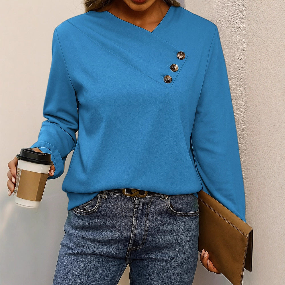 Damen Asymmetrische V-Ausschnitt Bluse mit Zierknopfleiste und Langarm Drune