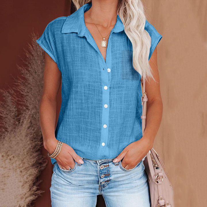 Damen Kurzarm Hemdbluse aus leichtem Leinenmix mit durchgehender Knopfleiste Drune