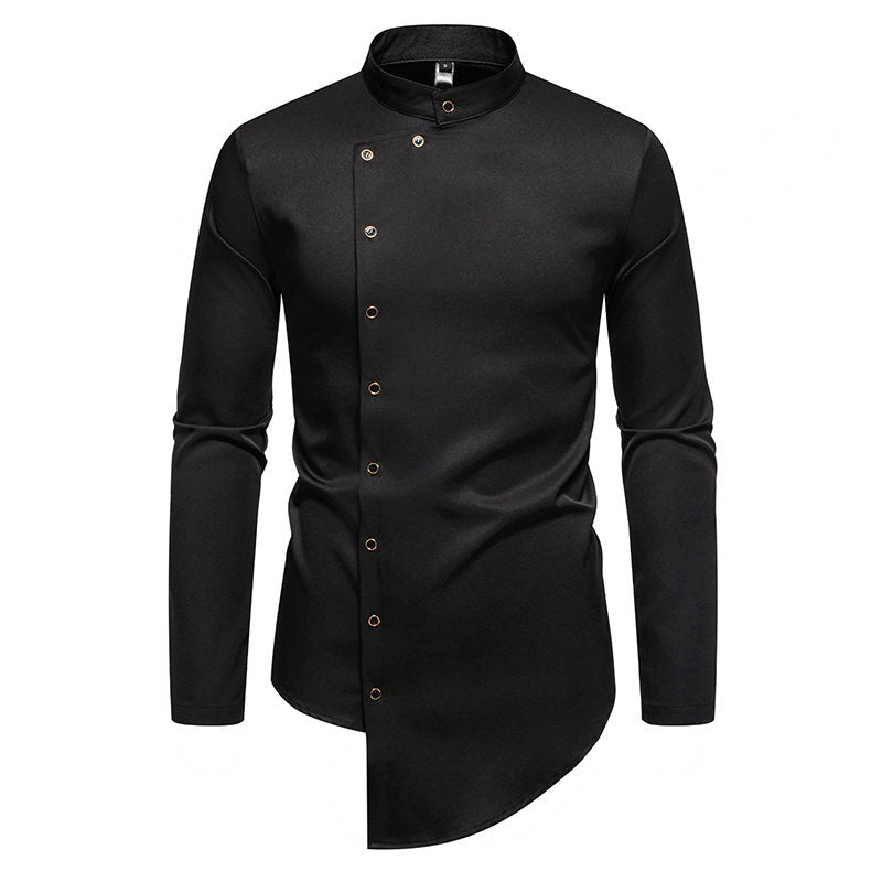 Herren elegantes Langarm-Hemd mit modernem Stehkragen und asymmetrischem Schnitt Drune