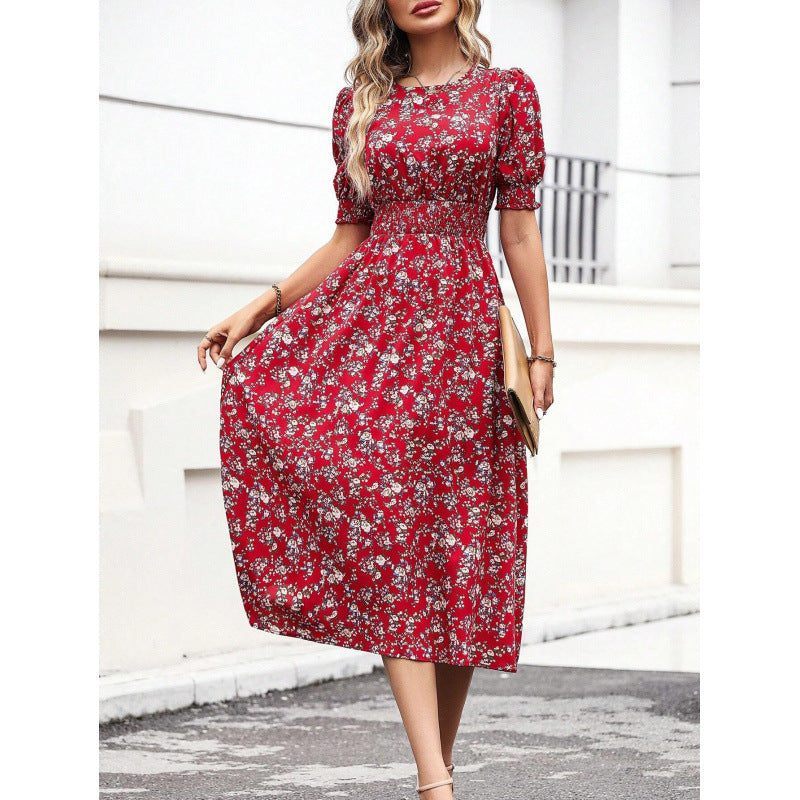 Damen Leichtes Blumendruck Maxi Kleid mit Smock-Taille Drune