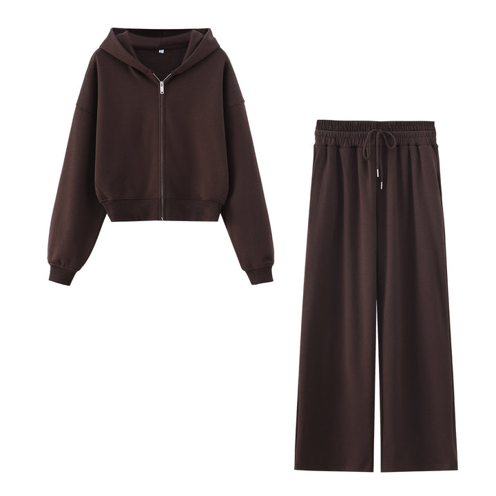 Damen Zweiteiliges Lounge-Set mit kurzem Reißverschluss-Hoodie und weitem High‑Waist-Jogginghose Drune