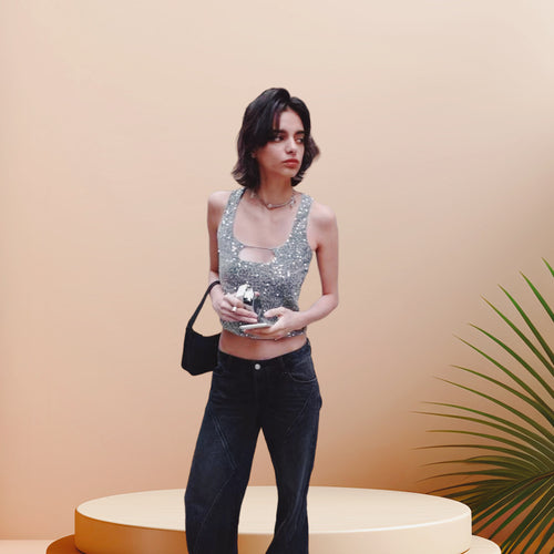 Damen Glitzerndes Crop-Top mit modischem Schlüssel-Ausschnitt und figurbetontem Schnitt Drune