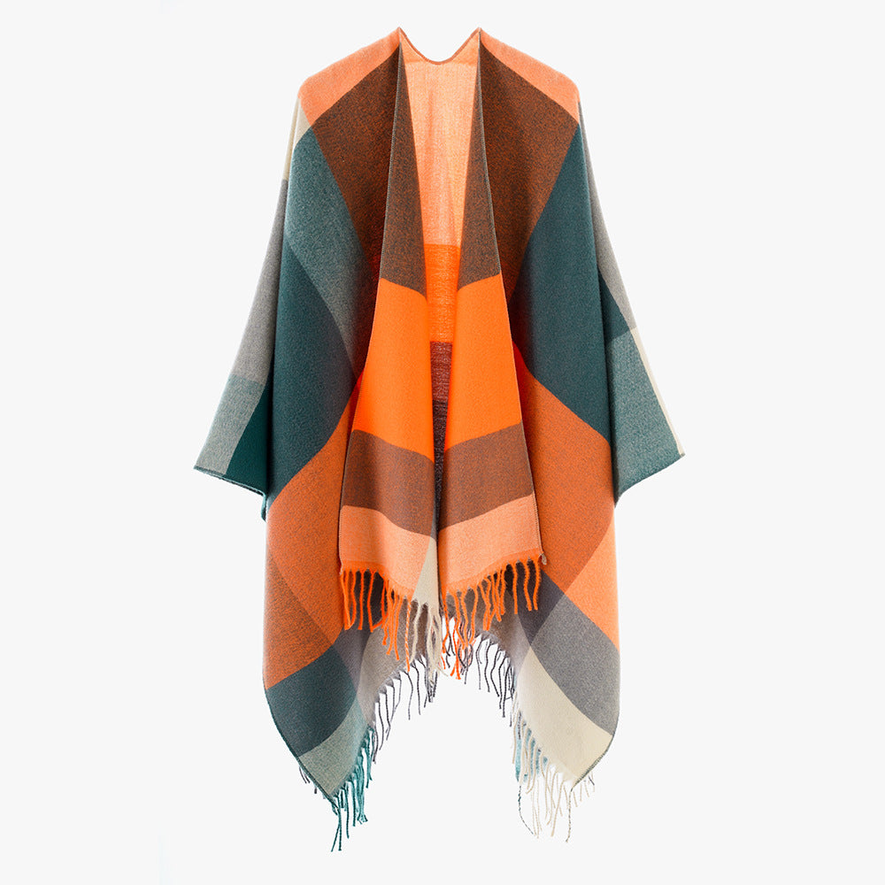 Damen Wickel-Cape aus Wollmix mit Karomuster und Fransen Drune