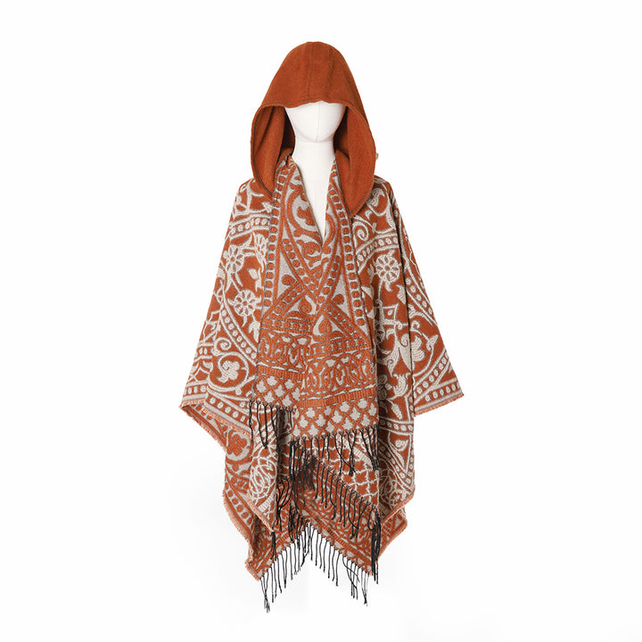 Damen Kapuzen‑Capeponcho aus Wollmix mit Jacquardmuster, Fransen und Oversize‑Fall Drune