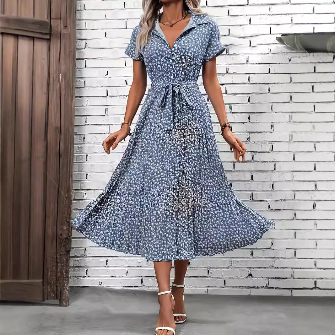 Damen Midikleid mit gebundenem Taillengürtel und floralem Muster Drune
