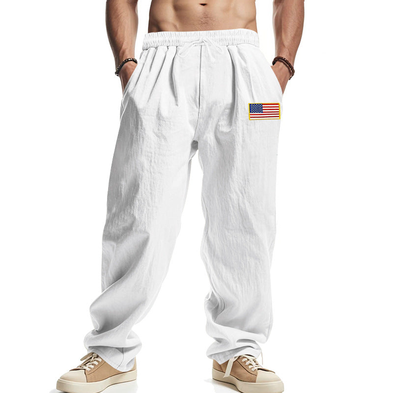 Herren Locker sitzende Freizeit-Hose im Leinen-Look mit elastischem Bund, Kordelzug & Flaggenpatch Drune