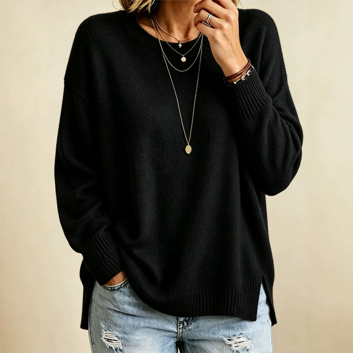Damen Locker geschnittener Rundhals-Feinstrickpullover mit Seitenschlitzen und gerippten Bündchen Drune