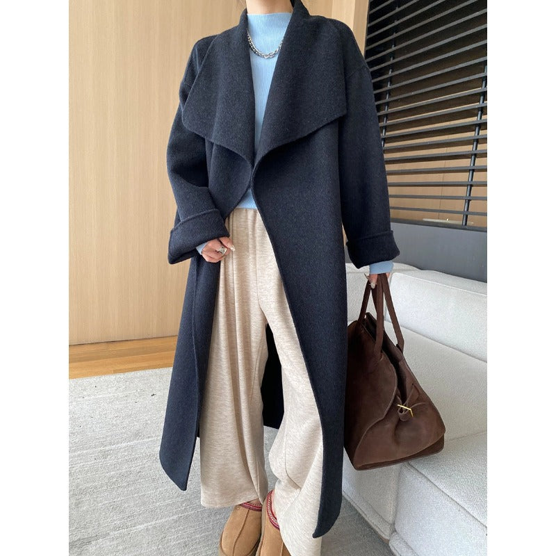 Damen eleganter Wickelmantel aus weichem Wollmix mit Gürtel Drune