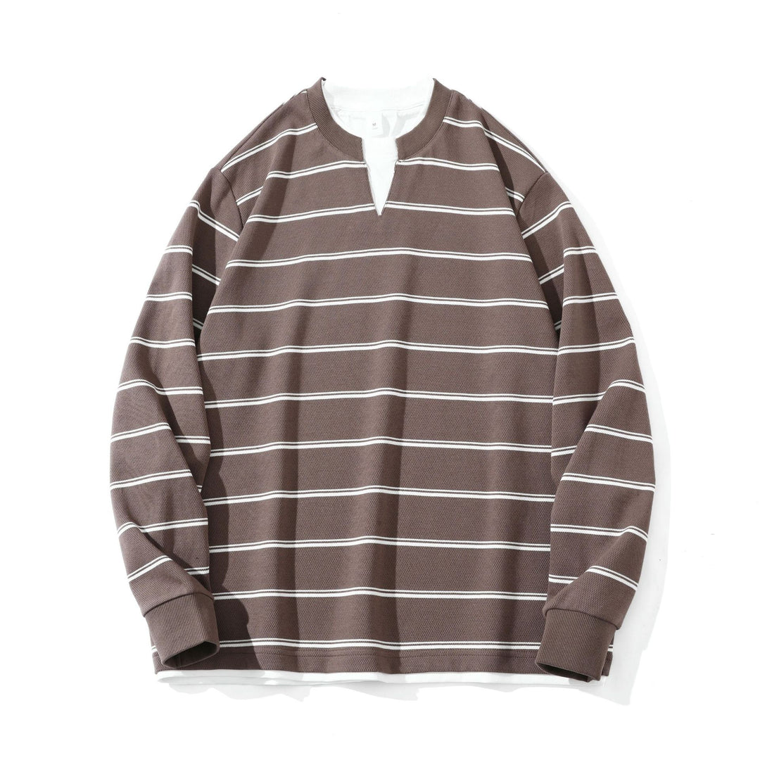 Unisex Gestreiftes Langarm-Sweatshirt mit V-Notch und Waffelstruktur Drune