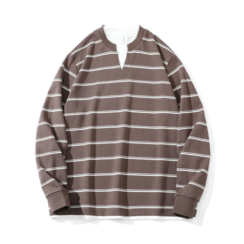 Unisex Gestreiftes Langarm-Sweatshirt mit V-Notch und Waffelstruktur Drune