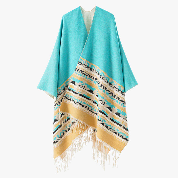 Damen Oversize-Wendepancho aus Wollmix mit Ethno-Jacquard und Fransensaum Drune