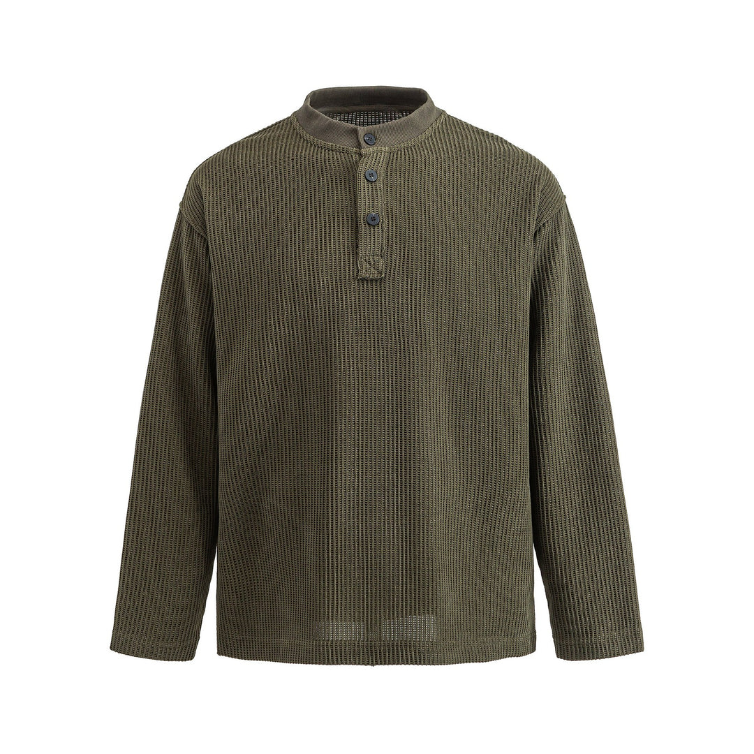 Herren Waffelstrick-Henley mit Stehkragen und dreifacher Knopfleiste Drune